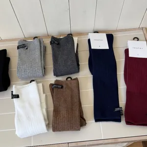 Women Casual Solid Color Cotton Calf Socks Japanese Style Basic Ribbed Crew Socks With Letter Label Daily Fashion Hosiery