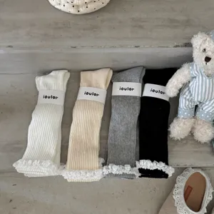 Chaussettes Bouclettes Épaisses à Rayures Verticales et Bordure en Dentelle Douce pour Femmes Automne Hiver Coton Chaud
