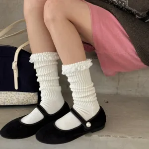 Chaussettes slouch en dentelle à rayures verticales, tricot épais pour l'automne et l'hiver.