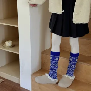 Women winter Fair Isle knit slouchy socks warm leg warmers blue white stirrup socks