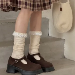 Chaussettes bouclettes épaisses pour femmes douces volants automne hiver rayées