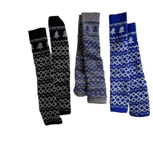 Fair Isle knitted leg warmers for women, cozy winter thermal slouch socks with Nordic patterns.
