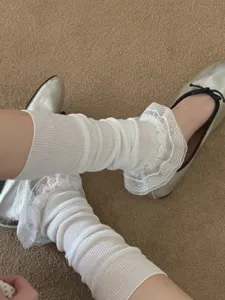 Japanese style white ruffle stack socks with silver ballet flats sweet cute leg warmers