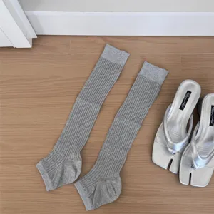 Grey solid color stirrup socks Korean style trendy stackable leg warmers soft knit hosiery.