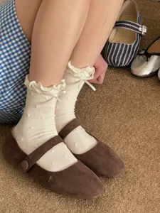 Cute ruffled mid-tube socks for women, sweet bow and dot cotton socks for daily sweet style wear.