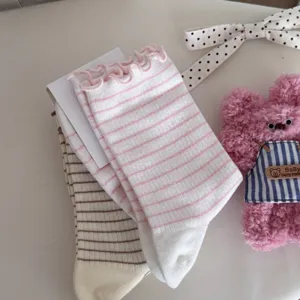 Sweet ruffled striped mid-calf socks for women, cute cotton spring and summer daily wear.