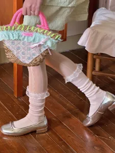 Sweet lace slouch socks for women, thin breathable summer Japanese style calf socks.