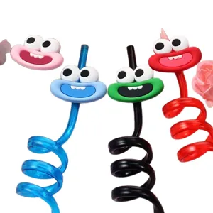 Colorful cartoon funny big eye face curly spiral drinking straws for party events.
