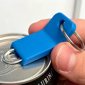 Plastic pull tab can opener keychain detail view, portable bottle opener tool for beverage cans use.