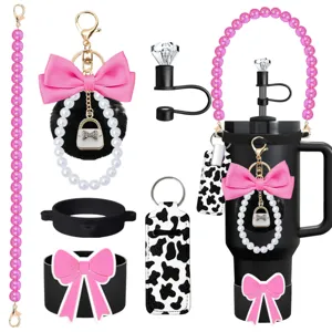 Stanley tumbler accessories set pink pearl chain bow pom pom keychain diamond straw topper