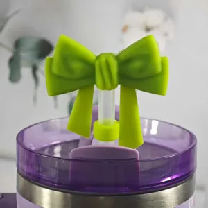 Green silicone bow straw cover dust plug for tumbler cup decorative accessory reusable 1pc