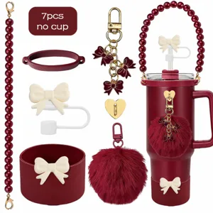 Set 7 accessori per borraccia con tracolla perle cover silicone fiocco copertura e pon pon