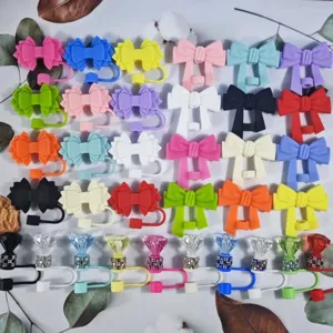 Silicone straw cover set, cute bow and diamond straw toppers for Stanley cup dust plug.