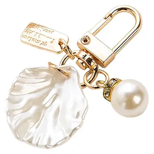Gold Metal Pearl Keychain Shell Handbag Pendant Rhinestone Key Chain Purse Charm Crystal Jewelry Gift