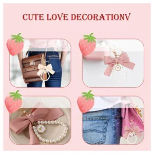 Detailed view of cute pearl bow keychain, showcasing lifestyle usage scenes and ribbon charms.