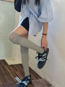 Grey over-the-knee socks for women, slouchy knit long tube socks, Japanese style casual hosiery.