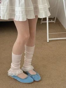 Sweet Japanese style ruffle leg warmers for women, cute pink knit socks for daily wear.