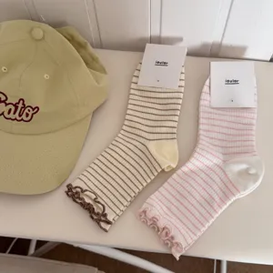 Sweet ruffed striped socks for women, cute mid tube hosiery, soft cotton daily wear.