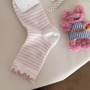 Sweet pink and white striped ruffles cotton mid-tube socks for women, cute daily wear.