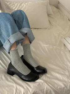 Women sweet ruffled striped mid-tube socks comfortable cotton daily wear detail view