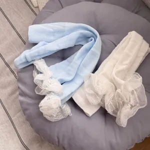 Detailed view of sweet Japanese style lace ruffle leg warmers, soft knit knitwear.