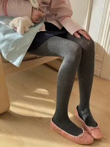 Women's dark grey ribbed tights, cotton blend spring autumn slim fit pantyhose for daily wear.