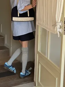Gray over-the-knee slouch socks for women, Japanese style casual knit long socks detail.