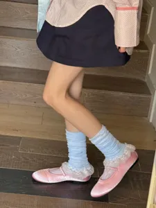 Sweet Japanese style stack socks and pink satin shoes outfit detail view for women spring fashion
