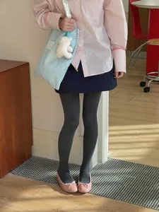 Grey ribbed tights for women, comfortable cotton pantyhose for spring and autumn daily wear.