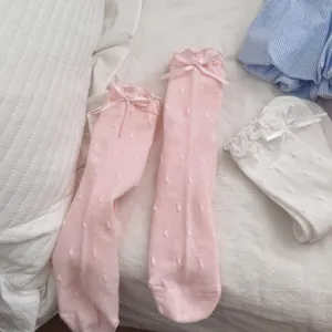 Cute ruffled mid-calf socks for women with sweet bowknot and polka dot, breathable cotton.