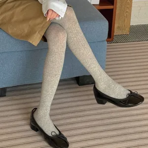 Women's grey ribbed tights pantyhose, vintage style soft stretch knit hosiery for daily wear.