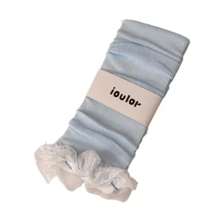 Light blue knit leg warmers with sweet white lace trim, cute JK style socks for women spring summer.