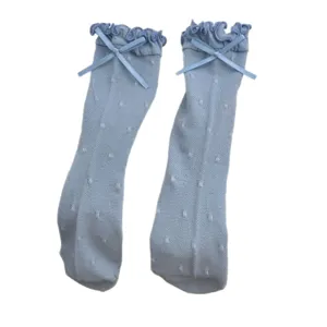 Cute ruffle bow polka dot mid-calf socks for women, breathable cotton spring summer hosiery.
