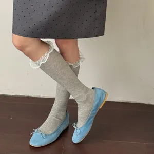 Japanese sweet lace ruffle calf socks women grey ribbed cotton breathable stockings