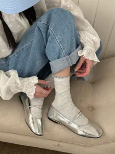 Japanese style bow print ruffle edge mid-calf socks detail, cute white slouch socks for women
