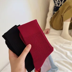 Solid color ribbed mid tube socks for women, comfortable daily casual cotton blend hosiery, autumn.