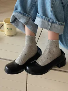 Women summer grey polka dot ruffle socks sweet breathable ankle socks detail shot