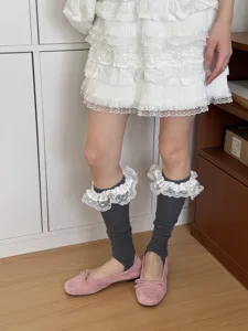 Women lace trim stirrup socks stylish ruffle leg warmers gray hosiery detail view showcase.