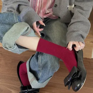 Solid color mid-calf ribbed knit socks for women, casual autumn winter daily wear fashion hosiery.