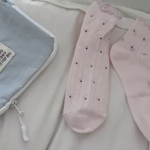 Detailed view of women's pink polka dot ruffle short socks, sweet summer sheer ankle socks.