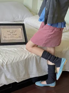 Women solid color ribbed stirrup leg warmers casual y2k slouchy long socks detail view