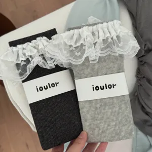 Women lace trim ruffle crew socks stacking socks cotton blend comfortable daily wear hosiery