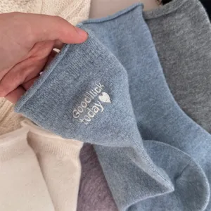 Japanese style knit wool socks for women, cute goodluck embroidered warm winter stacked socks.