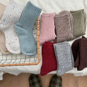 Close-up detail of thick wool speckled mid-tube socks in a basket, warm and cozy winter style.