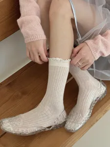 Gros plan de chaussettes mi-mollet tricotées pour femmes avec bordure en dentelle.