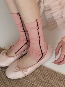 Pink sheer mesh slouch socks detail view, breathable summer leg warmers for women style.