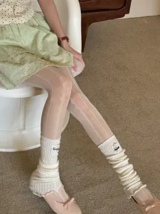 Close-up detail of cozy knit leg warmers paired with elegant sheer lace tights, stylish footwear.