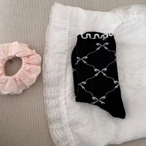 Japanese style cute bow lattice ruffle mid-calf socks for women breathable casual wear