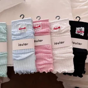 Candy color Japanese knit leg warmers with lace trim and paper packaging, cute soft warm socks.