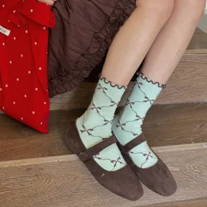 Women Japanese Style Bowknot Rolled Edge Mid-Calf Socks Cute Sweet Breathable Cotton Casual Crew Socks Daily Wear